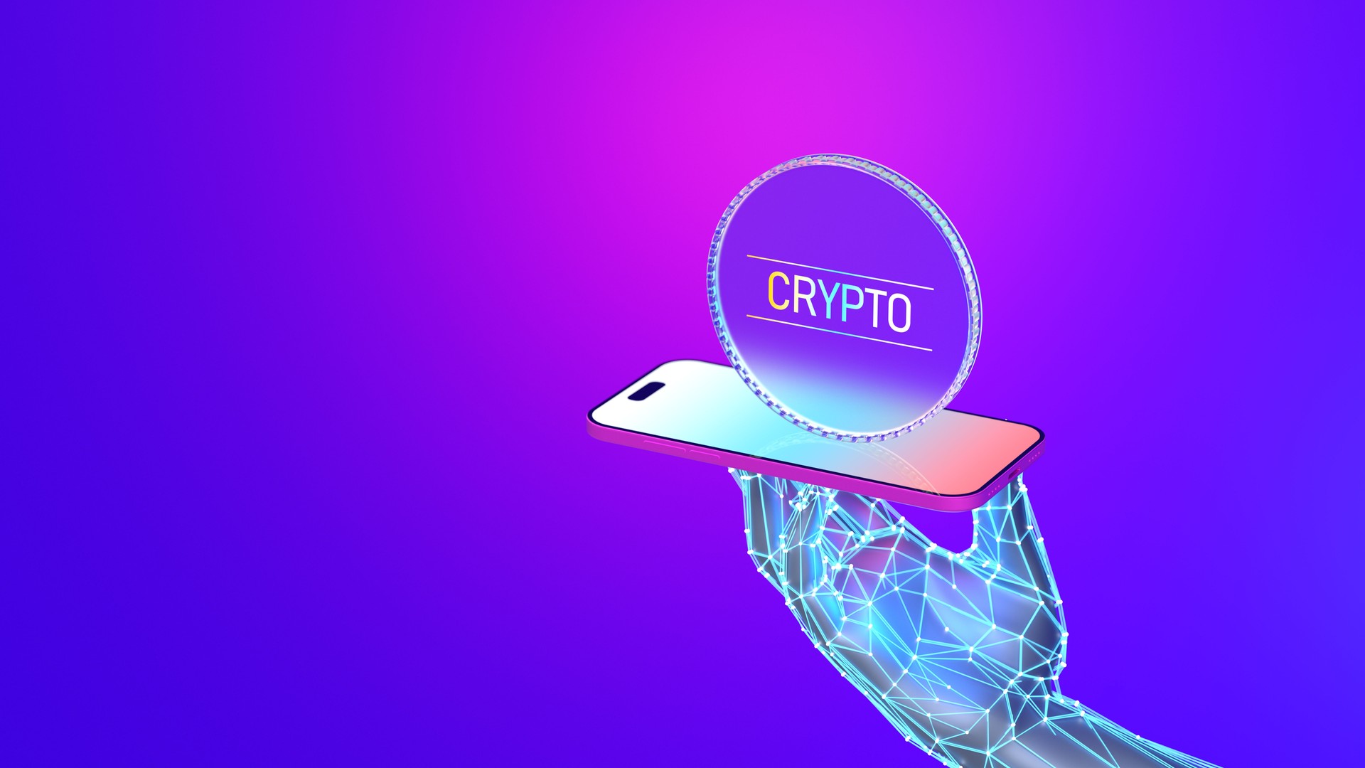 Abstract cryptocurrency coin on smartphone screen with digital hand . Crypto payments. Crypto Wallet