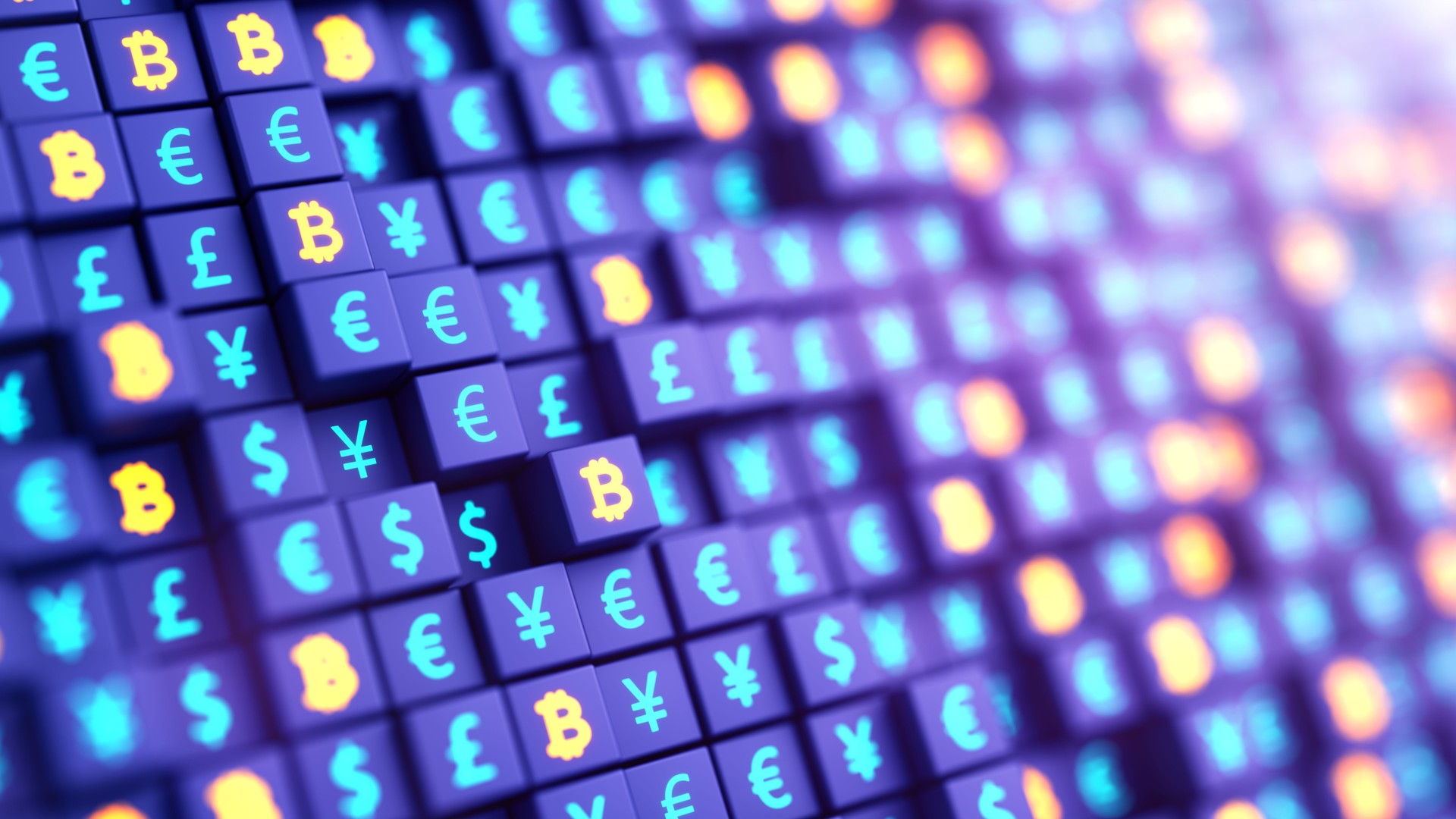 Futuristic currency background. Bitcoin, dollar, euro, pound and yen signs glowing in cubes shape background. Transformation from traditional money to digital cryptocurrency concept.